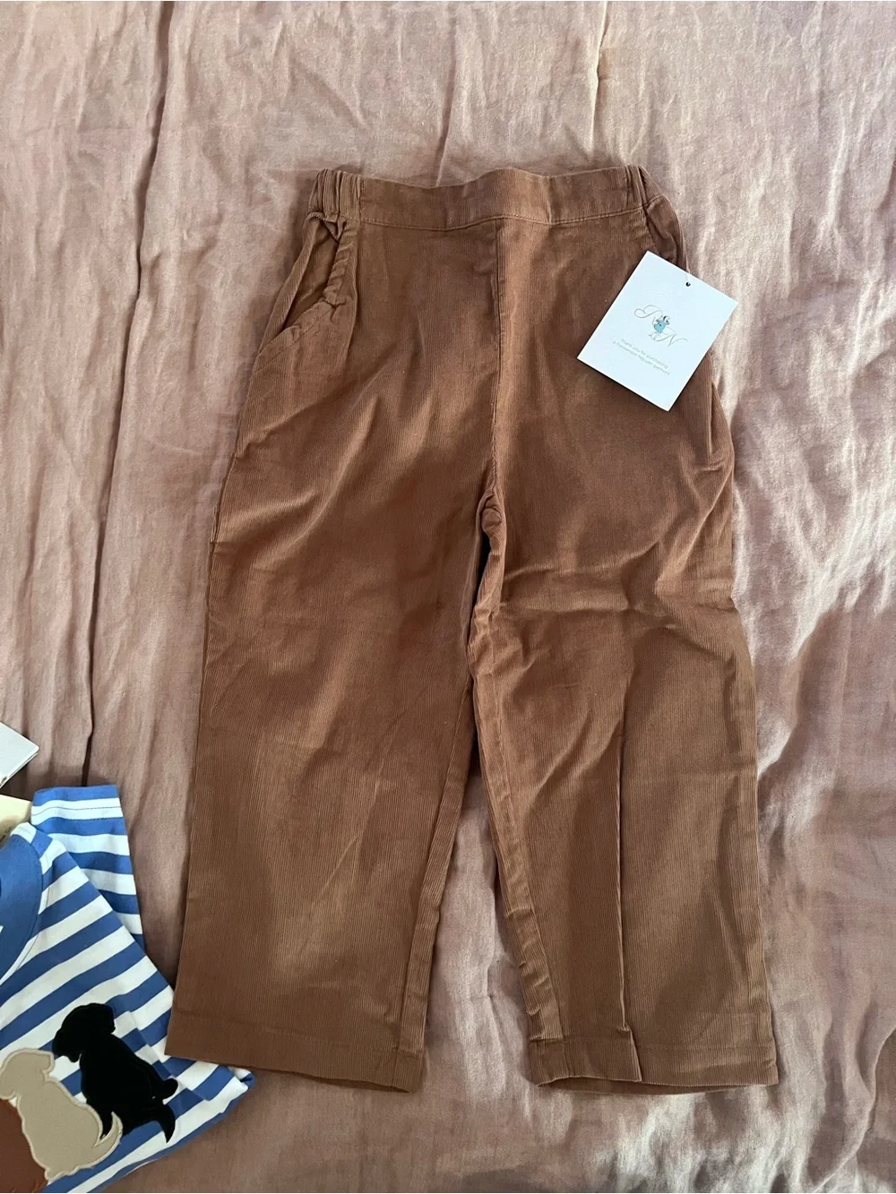 Boutique Blue & White Striped Tee with Puppy Appliqué and Brown Corduroy Pants